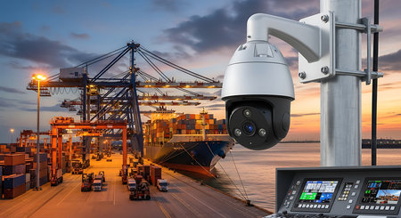 Surveillance camera monitoring cargo ship in port. 3D renderingの素材