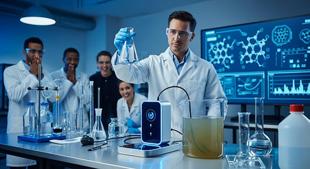 Scientist looking at mobile phone with lab glassware on table in laboratoryの素材