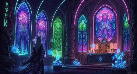 Gothic church interior with stained glass windows and glowing lights.の素材