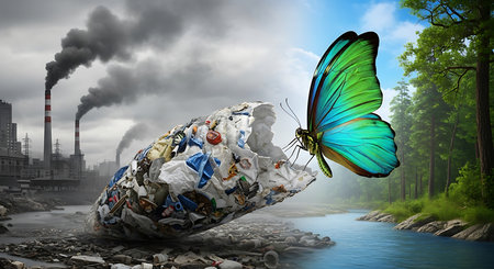 Ecology and environmental pollution concept as a huge garbage bag with a butterfly emerging as a symbol of environmental conservation as a 3D illustration.の素材