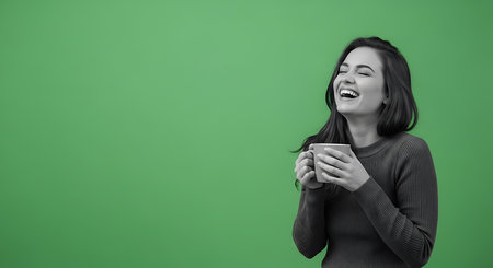 Portrait of a beautiful young asian woman holding a cup of coffee on a green backgroundの素材