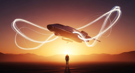 Man looking at a flying spaceship with glowing lines around him. 3D renderingの素材