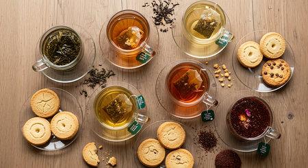 cup of tea and cookies on a wooden table, top view.の素材