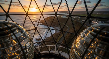 Aerial view of the lighthouse at sunset in Wales, UK.の素材