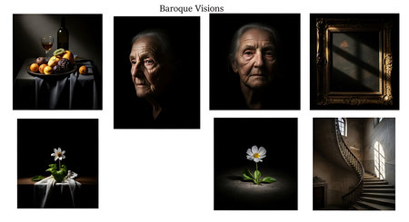 Collage of an old man in the interior of a dark roomの素材