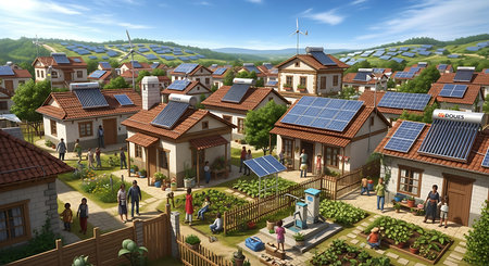 3D CG rendering of village with solar photovoltaic panelsの素材