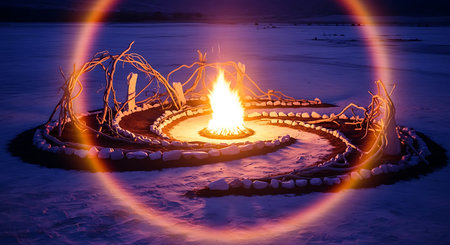 Illustration of a bonfire in the middle of the frozen lakeの素材