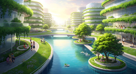 3D illustration of people walking in the park with modern building backgroundの素材