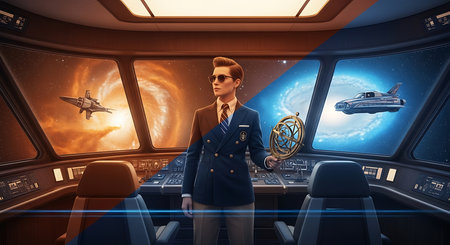 Handsome pilot in the cabin of a spaceship. 3D renderingの素材