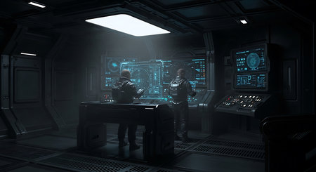 Futuristic space station interior with futuristic user interface. Mixed mediaの素材