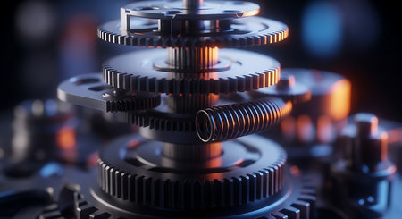Gear wheels, close-up view. 3d rendering toned imageの素材