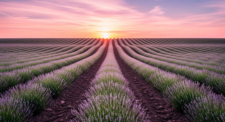 Sunset over lavender field in Valensole, Provence, Franceの素材
