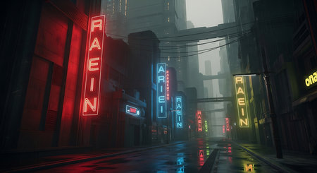 Retro neon sign on the street in the city. 3d renderingの素材