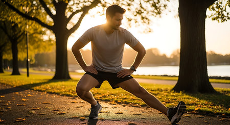 Young man jogging in the park at sunrise. Healthy lifestyle.の素材