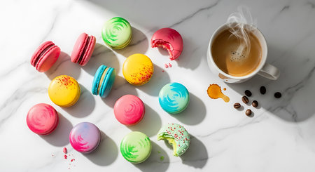 Colorful macarons and cup of coffee on a marble backgroundの素材