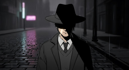 A man in a hat and a coat walks through the city at nightの素材