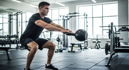 Handsome young man working out with a kettlebell in a gymの素材