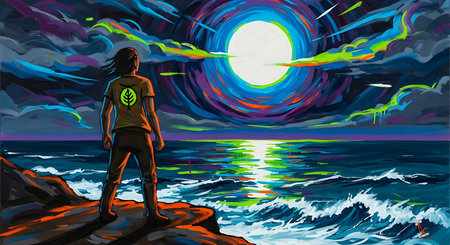 The girl looks at the sea in the night. Vector illustration.の素材