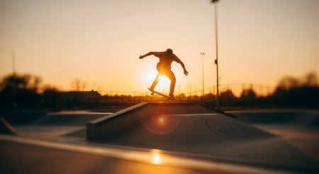 Skateboarder skateboarding on a skatepark ramp at sunsetの素材
