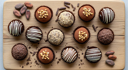 Chocolate candies with nuts on wooden board. Top view.の素材