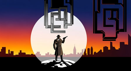 Chinese hieroglyphs and a silhouette of a man in a coatの素材