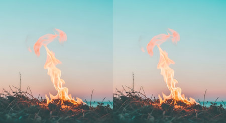 Flame of fire on the grass with sunset sky background - vintage filterの素材