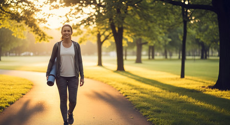 Young woman walking in the park at sunset. Healthy lifestyle concept.の素材