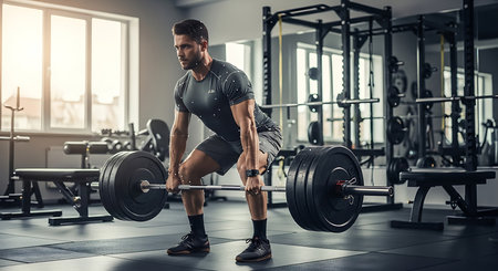 Athletic man lifting a barbell in the gym.の素材