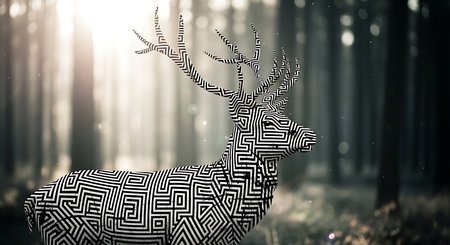 Double exposure of deer in the forest. Christmas and New Year conceptの素材