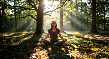 Young woman practicing yoga in the forest at sunrise. Healthy lifestyle concept.の素材