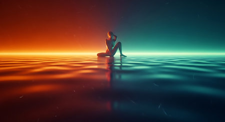 3d illustration of a woman sitting on the water and meditatingの素材