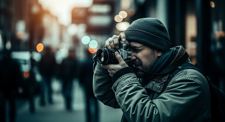 Photographer taking a picture of a city street with a camera.の素材