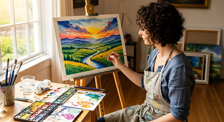 Young female artist painting a picture on canvas in her studio at homeの素材