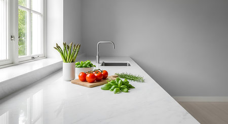 Kitchen interior with white marble countertop and fresh vegetables. 3d renderingの素材