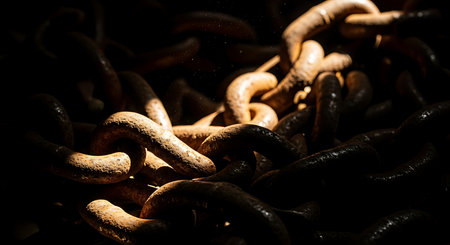 Rusty chain on black background. Close up. Selective focus.の素材