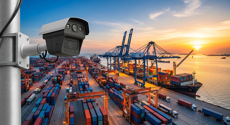 CCTV camera monitoring cargo container ship in harbor at sunset for safety and security conceptの素材