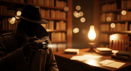 A man in a hat with a camera in his hand on the background of books.の素材