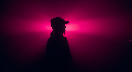 Silhouette of a man in a hat in a dark room with a red lightの素材