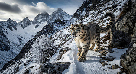 Snow leopard walking in the mountains. Panthera uncia.の素材