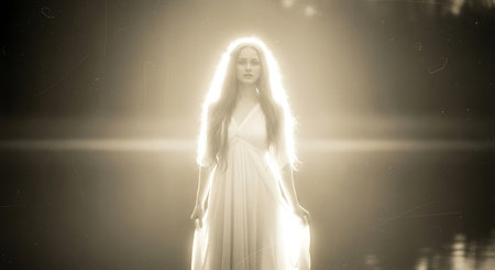 Fantasy illustration of a beautiful woman with long hair in a long white dress.の素材