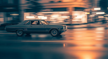 old american car on the road at night with motion blur backgroundの素材