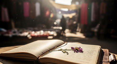 Open book with flower on a wooden table in the evening light.の素材