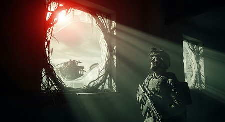 Mysterious silhouette of a man with a machine gun in his hands.の素材