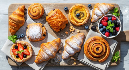 Freshly baked croissants with berries on a wooden board.の素材