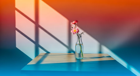 Flowers in a vase on a blue background. Sunlight through the window.の素材