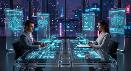 Businessman and businesswoman in formal wear working on virtual screen of hologram screens. Toned image double exposureの素材