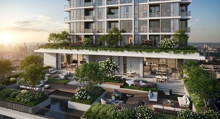 3d rendering of modern cozy house with parking and pool for sale or rent with beautiful landscaping. Sunset.の素材