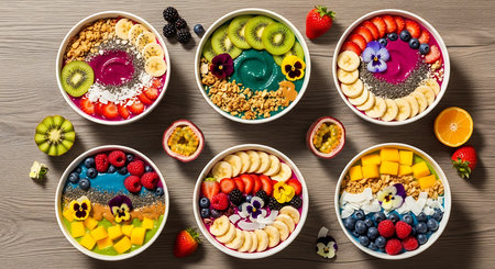 Healthy breakfast bowl with oatmeal, berries and fruits. Top viewの素材