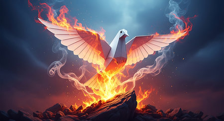 Dove flying in the sky on a background of fire and smokeの素材