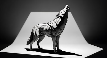 Illustration of a wolf with a shadow on a black background.の素材